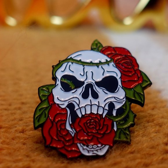 Cartoon Rose Skull Bull Head Shape Paint Badge - Red / Yellow - 2 - Picture 1 of 2